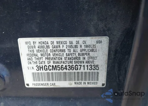 2006 Honda Accord 2.4 Lx из США, поврежденный, VIN 3HGCM56436G711335